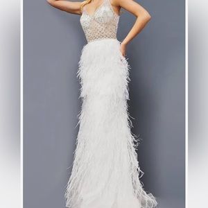 Jovani white ostrich feather dress